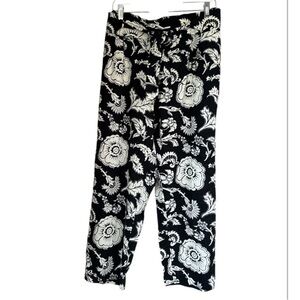 Linen Pants Calligraphie 2x sash belt detail Black White Floral pull on NEW